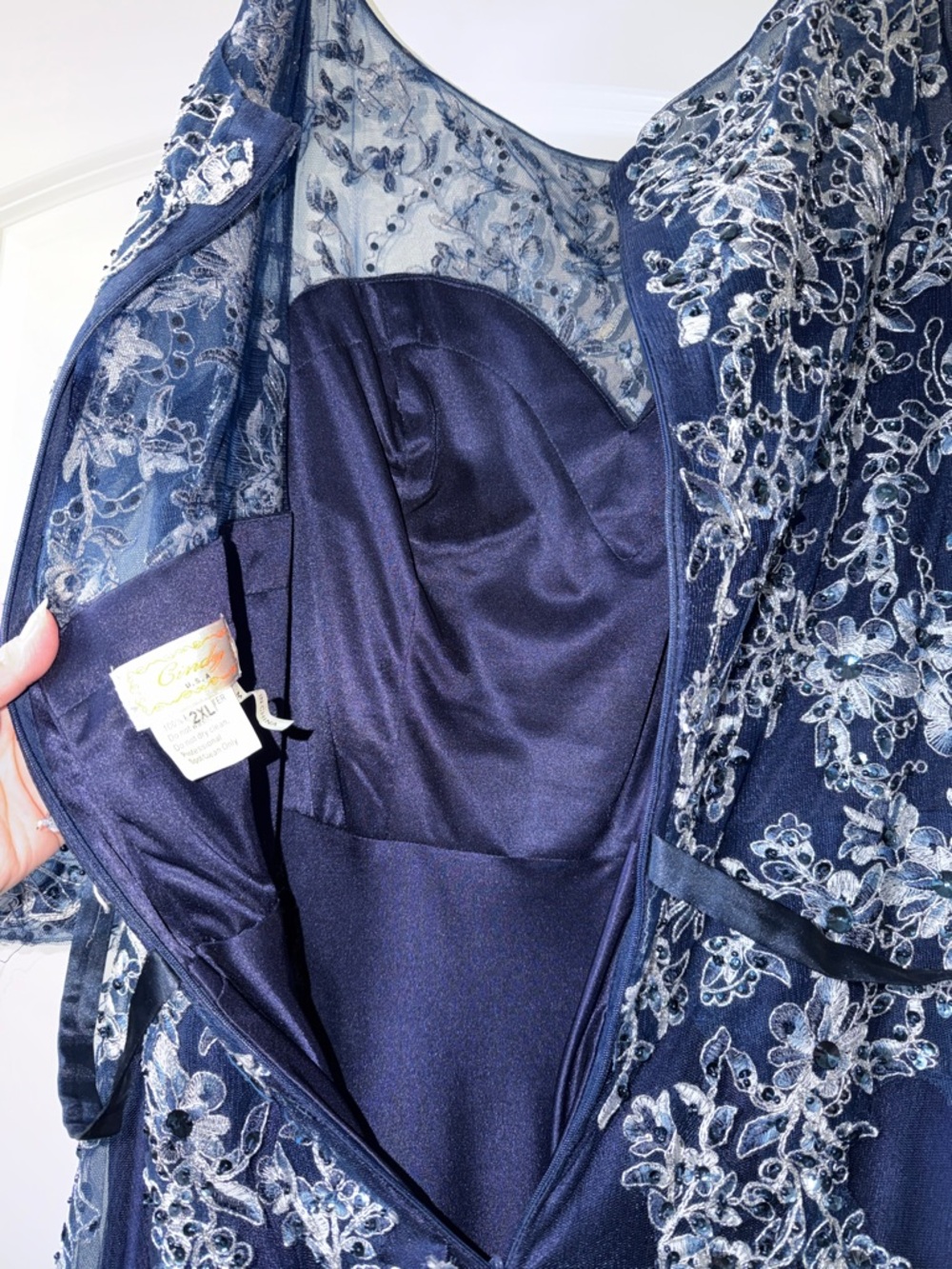 Navy Blue Embroidered Tulle Evening Dress - Picture 7 of 10